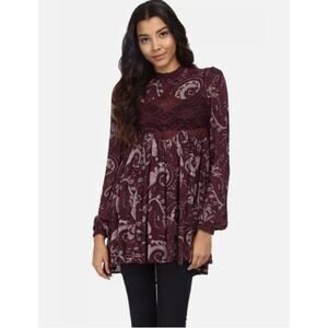 Free People Sweet Thing Paisley Blouse Mock Neck Lace Cutout Wine Purple XS